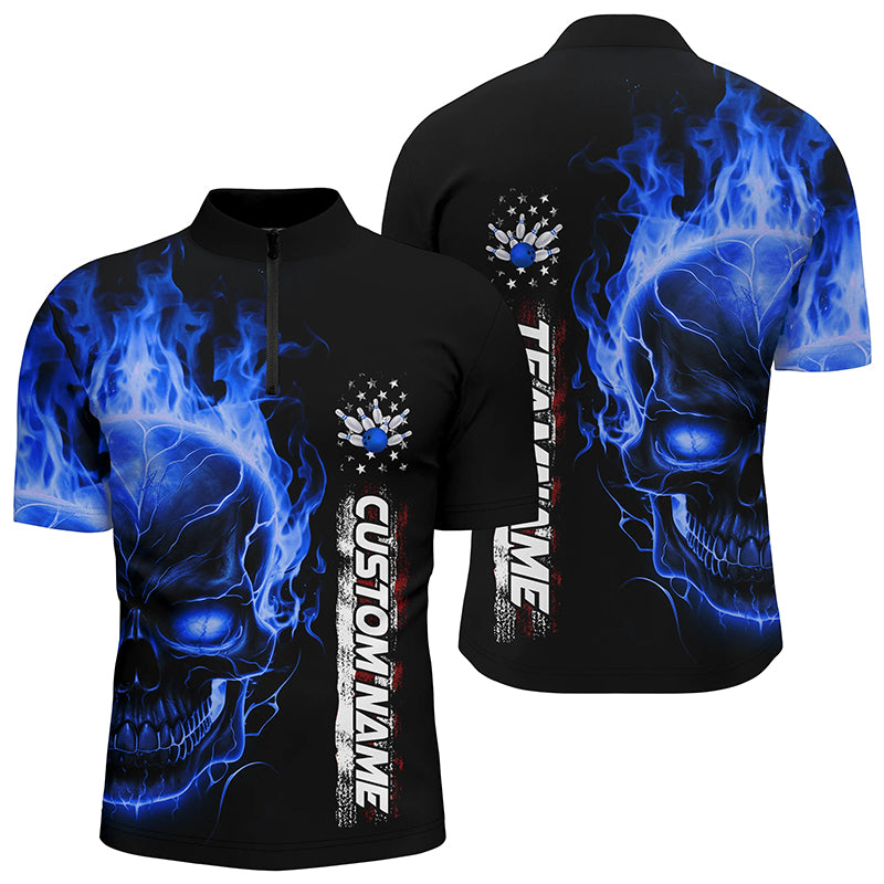 Flame Skull American Flag Custom Team Bowling Shirts For Men, Patriotic Bowling Shirt IPHW5145