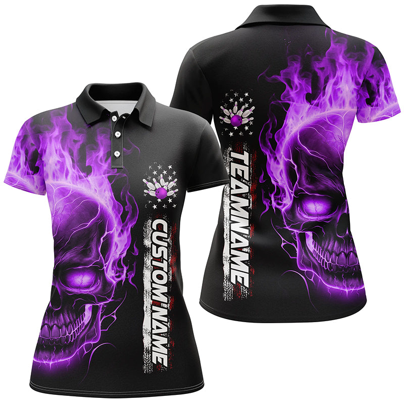 Flame Skull American Flag Custom Team Bowling Shirts For Women, Patriotic Bowling Shirt IPHW5147