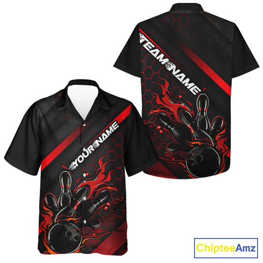 Custom Black And Red Flame Bowling Men Hawaiian Shirts, Bowling Team Bowling League Shirts IPHW7210