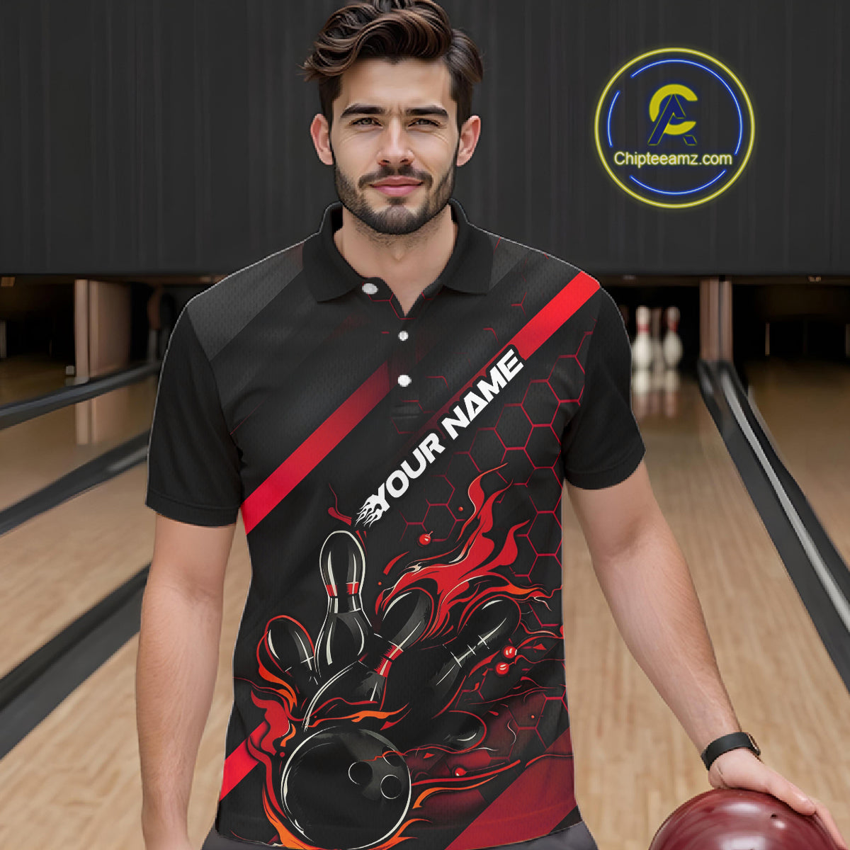 Custom Black And Red Flame Bowling Shirts For Men, Bowling Team Bowling League Shirts IPHW7210
