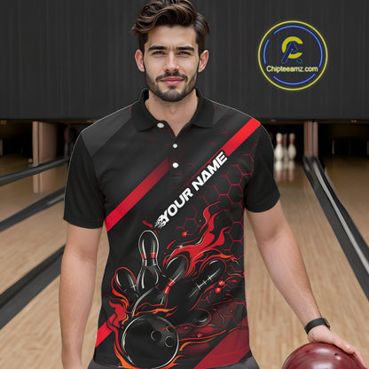 Custom Black And Red Flame Bowling Shirts For Men, Bowling Team Bowling League Shirts IPHW7210