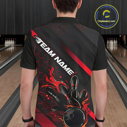 Custom Black And Red Flame Bowling Shirts For Men, Bowling Team Bowling League Shirts IPHW7210