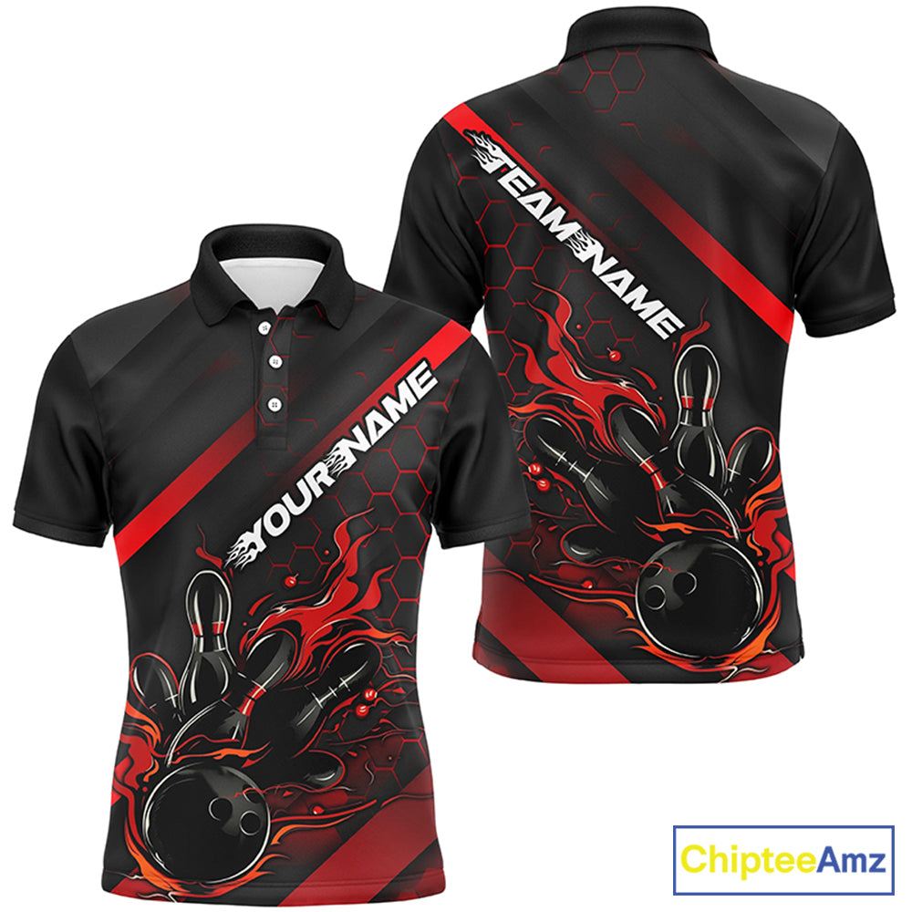 Custom Black And Red Flame Bowling Shirts For Men, Bowling Team Bowling League Shirts IPHW7210