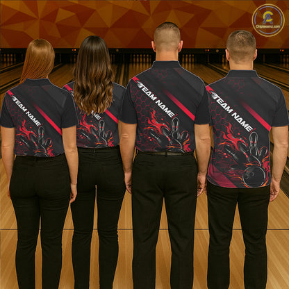 Custom Black And Red Flame Bowling Shirts For Men, Bowling Team Bowling League Shirts IPHW7210