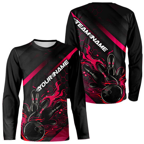 Custom Black And Pink Flame Bowling Long Sleeve Shirts For Men, Bowling Team Bowling League Shirts IPHW7211