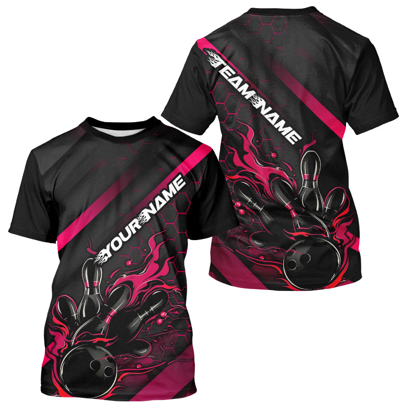 Custom Black And Pink Flame Bowling T-Shirts For Men, Bowling Team Bowling League Shirts IPHW7211