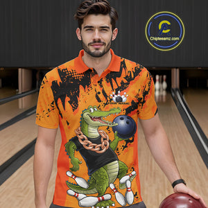 Custom Funny Alligator Bowling Polo Shirt For Men, Grunge Orange Bowling Team Jerseys IPHW9923
