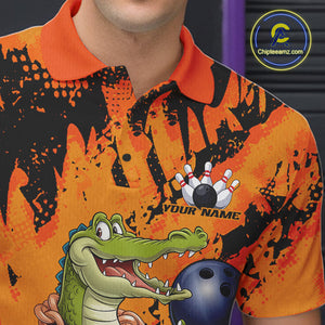Custom Funny Alligator Bowling Polo Shirt For Men, Grunge Orange Bowling Team Jerseys IPHW9923