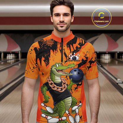 Custom Funny Alligator Bowling Quarter-Zip Shirt For Men, Grunge Orange Bowling Team Jerseys IPHW9923