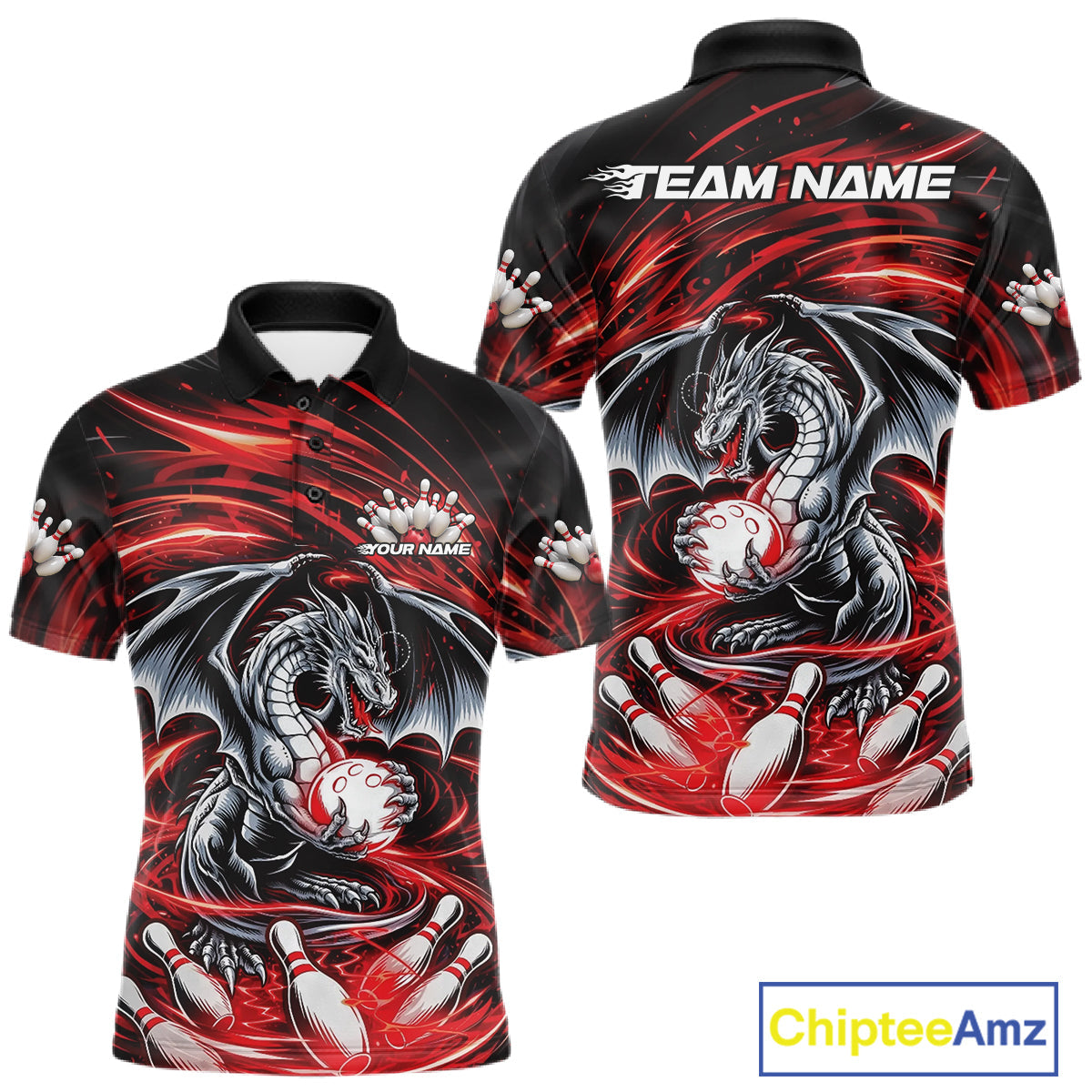 Custom Black And Red Fire Flame Dragon Bowling Jerseys Bowling Team Men Polo Shirt IPHW10291