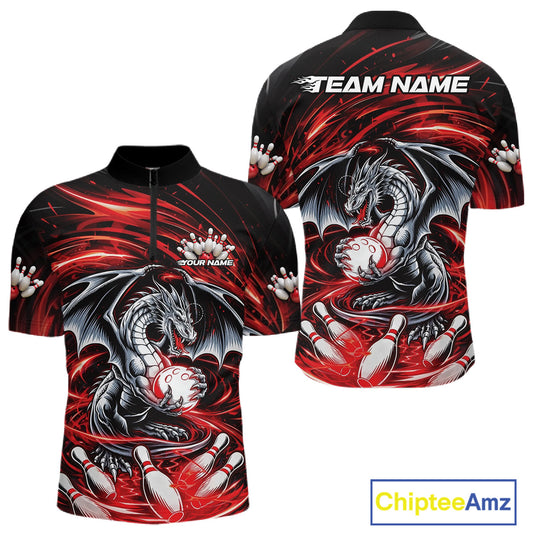 Custom Black And Red Fire Flame Dragon Bowling Jerseys Bowling Team Men Quarter-Zip Shirt IPHW10291