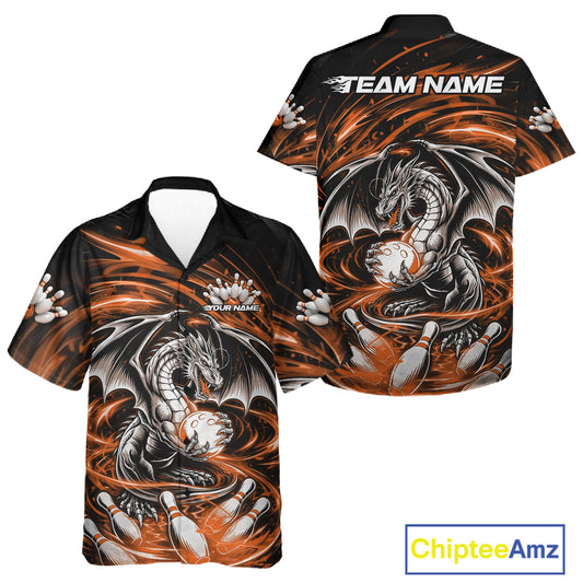 Custom Black And Orange Fire Flame Dragon Bowling Jerseys Bowling Team Men And Women Hawaiian Shirt IPHW10293