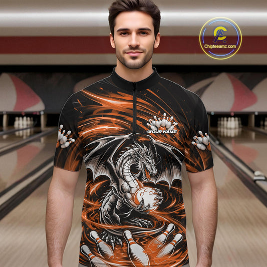 Custom Black And Orange Fire Flame Dragon Bowling Jerseys Bowling Team Men Quarter-Zip Shirt IPHW10293