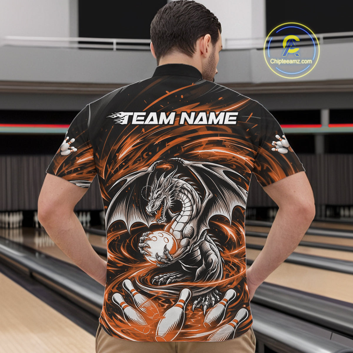 Custom Black And Orange Fire Flame Dragon Bowling Jerseys Bowling Team Men Quarter-Zip Shirt IPHW10293