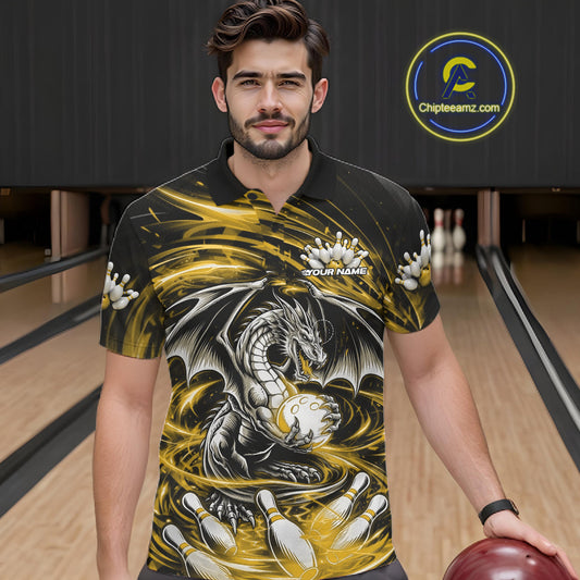Custom Black And Yellow Fire Flame Dragon Bowling Jerseys Bowling Team Men Polo Shirt IPHW10294