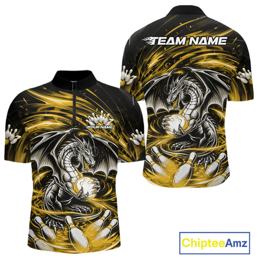 Custom Black And Yellow Fire Flame Dragon Bowling Jerseys Bowling Team Men Quarter-Zip Shirt IPHW10294