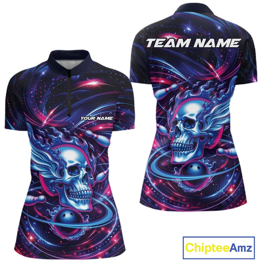 Custom Flame Skull Bowling Team Women Quarter-Zip Shirt, Bowling Tournament Outfit IPHW10296
