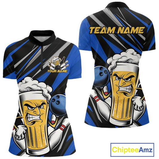 Custom Funny Blue Bowling Jerseys Bowling And Beer Women Shirts, Bowling Jerseys IPHW10533