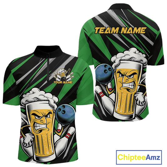 Custom Funny Green Bowling Jerseys Bowling And Beer Men Quarter-Zip Shirts, Bowling Jerseys IPHW10534