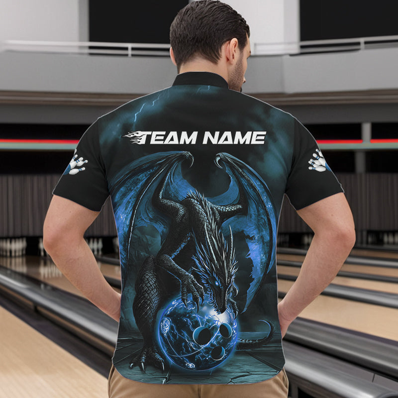 Black And Blue Custom Bowling Team Quarter-Zip Shirts For Men, Dragon Bowling League Shirts IPHW8690