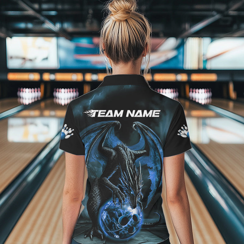 Black And Blue Custom Bowling Team Womens Quarter-Zip Shirts, Dragon Bowling League Shirts IPHW8690