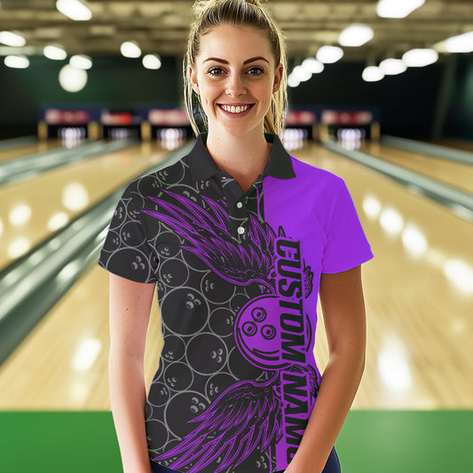 Black And Purple Custom Bowling Ball And Wings Bowling Polo Shirts For Women, Team Uniform IPHW8693