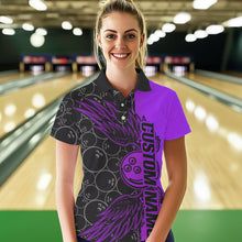 Load image into Gallery viewer, Black And Purple Custom Bowling Ball And Wings Bowling Polo Shirts For Women, Team Uniform IPHW8693