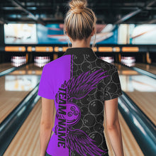 Load image into Gallery viewer, Black And Purple Custom Bowling Ball And Wings Bowling Polo Shirts For Women, Team Uniform IPHW8693