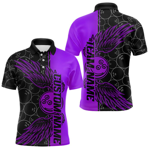 Black And Purple Custom Bowling Ball And Wings Bowling Polo Shirts For Men, Team Uniform IPHW8693