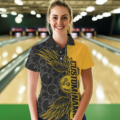 Black And Yellow Custom Bowling Ball And Wings Bowling Polo Shirts For Women, Team Uniform IPHW8694