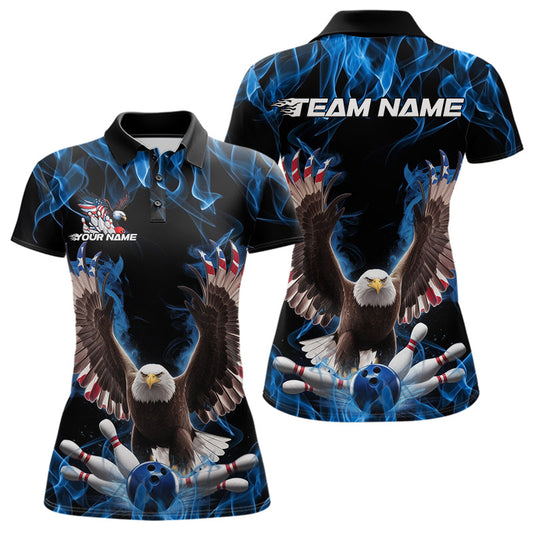 Personalized Blue Flame US Eagle Bowling Women Polo Shirts, Patriotic Bowling League Shirt IPHW8935