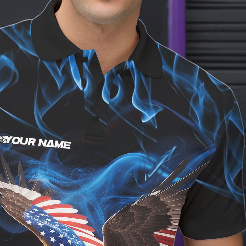 Custom Blue Flame US Eagle Bowling Men Polo Shirts, American Patriotic Bowling League Shirt IPHW8936