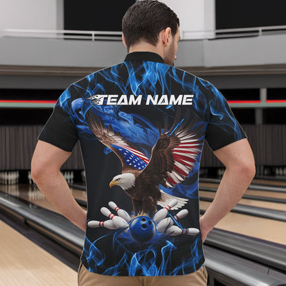 Custom Blue Flame US Eagle Bowling Men Quarter-Zip Shirts, American Patriotic Bowling League Shirt IPHW8936