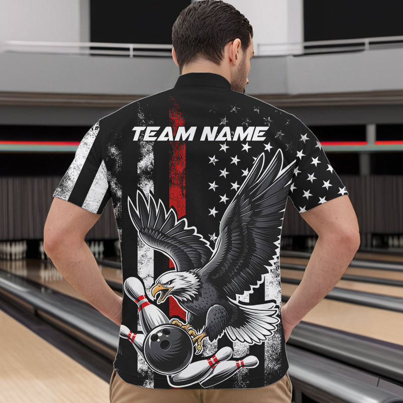 Custom Red Line American Flag Eagle Bowling Men Quarter-Zip Shirt, Patriotic US Bowling Shirt IPHW8939