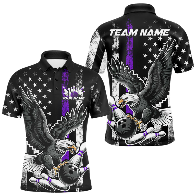 Custom Purple Line American Flag Eagle Bowling Men Polo Shirt, Patriotic US Bowling Shirt IPHW8940