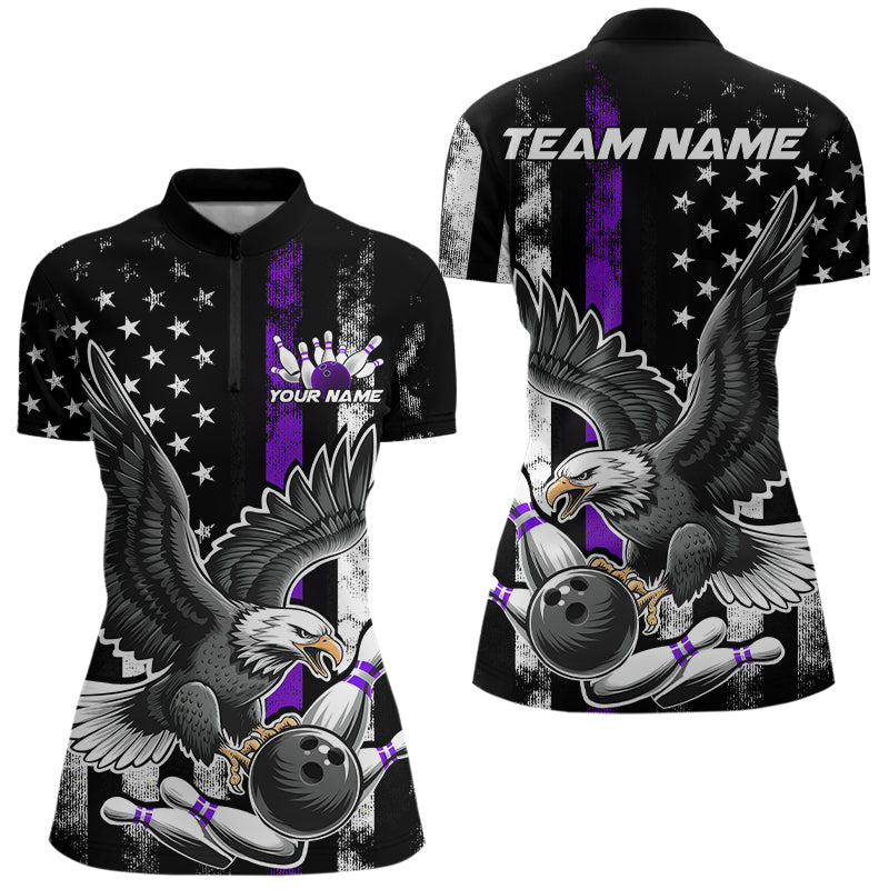 Custom Purple Line American Flag Eagle Bowling Women Quarter-Zip Shirt, Patriotic Bowling IPHW8940