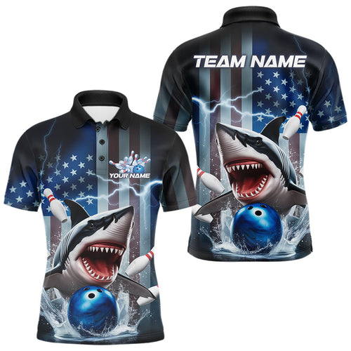 Custom American Flag Shark Bowling Men Polo Shirt, Patriotic Shark Bowling Jerseys IPHW8944