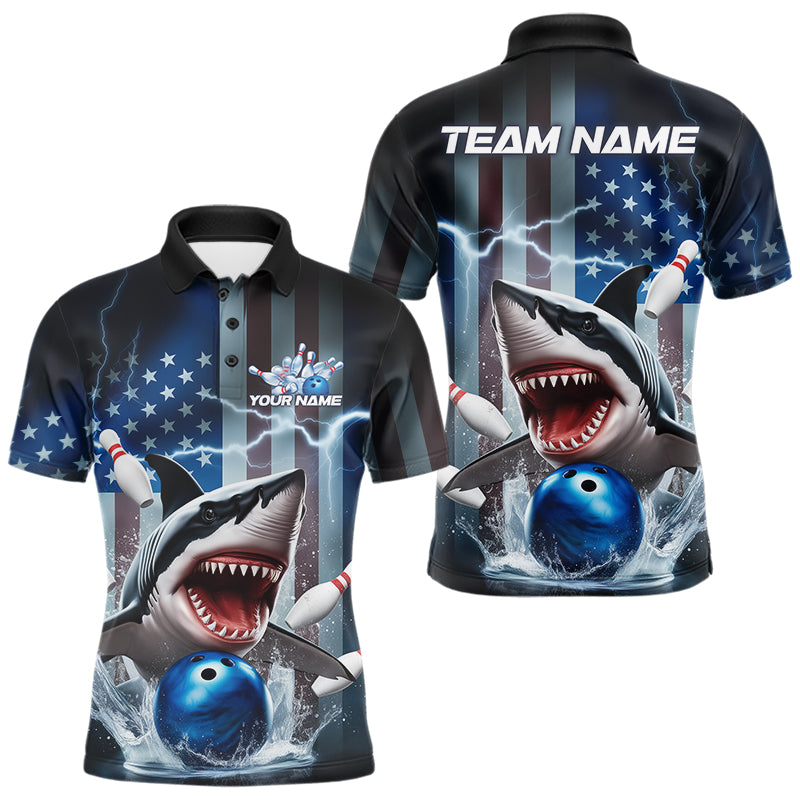 Custom American Flag Shark Bowling Men Polo Shirt, Patriotic Shark Bowling Jerseys IPHW8944