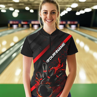 Custom Black And Red Flame Duckpin Bowling Women Quarter-Zip Shirts, Bowling League Shirt IPHW8947