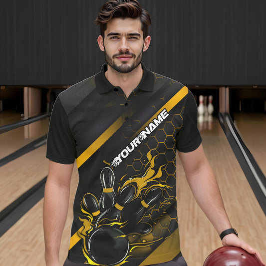 Custom Black And Yellow Flame Duckpin Bowling Polo Shirt For Men, Bowling Team League Shirt IPHW8948