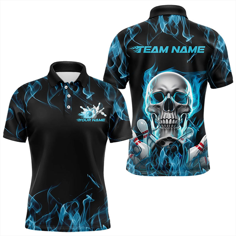 Custom Blue Flame Skull Bowling Polo Shirts For Men, Skull Bowling Tournament Shirt IPHW8221