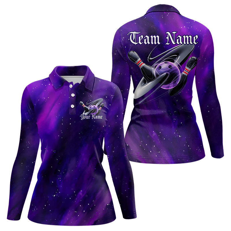 Custom Purple Galaxy Bowling Long Sleeve Polo Shirts For Women, Team Bowling League Shirt IPHW8234