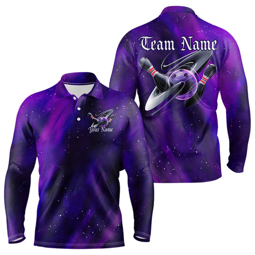 Custom Purple Galaxy Bowling Long Sleeve Polo Shirts For Men, Team Bowling League Shirts With Name IPHW8234