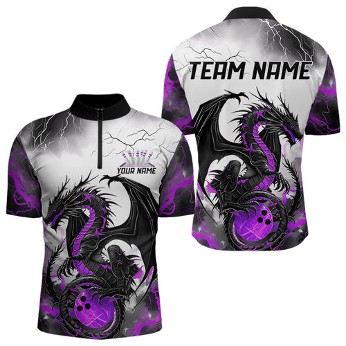Black And Purple Thunder Lightning Custom Dragon Bowling Men Quarter-Zip Shirts, Bowling Uniform IPHW8695