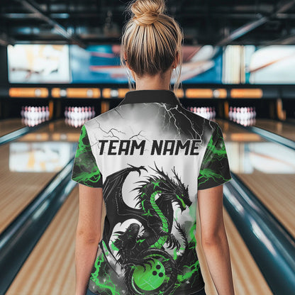 Black And Green Thunder Lightning Custom Dragon Bowling Women Polo Shirts, Bowling Uniform IPHW8696