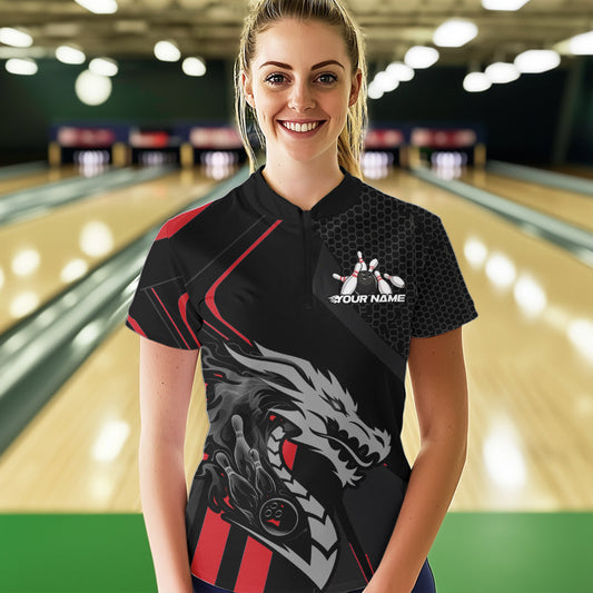 Custom Black And Red Dragon Bowling Jerseys, Bowling Team Women Quarter-Zip Shirts IPHW8701