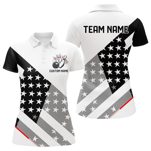 Custom Black And White American Flag Skull Bowling Shirts, Ladies Patriotic Bowling Jerseys IPHW6194