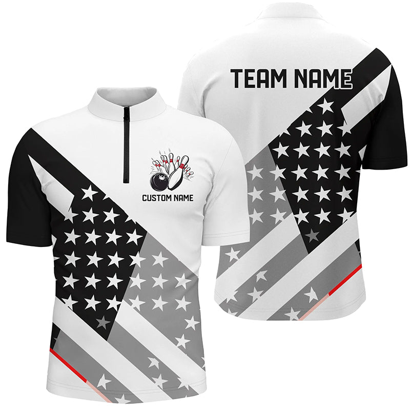 Custom Black And White American Flag Skull Bowling Shirts, Unisex Patriotic Team Bowling Jerseys IPHW6194