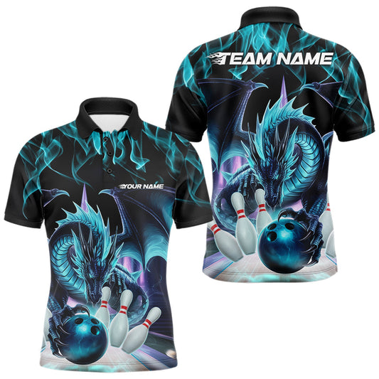 Custom Blue Flame Dragon Bowling Polo Shirts For Men, Dragon Bowling Team Jerseys IPHW8959