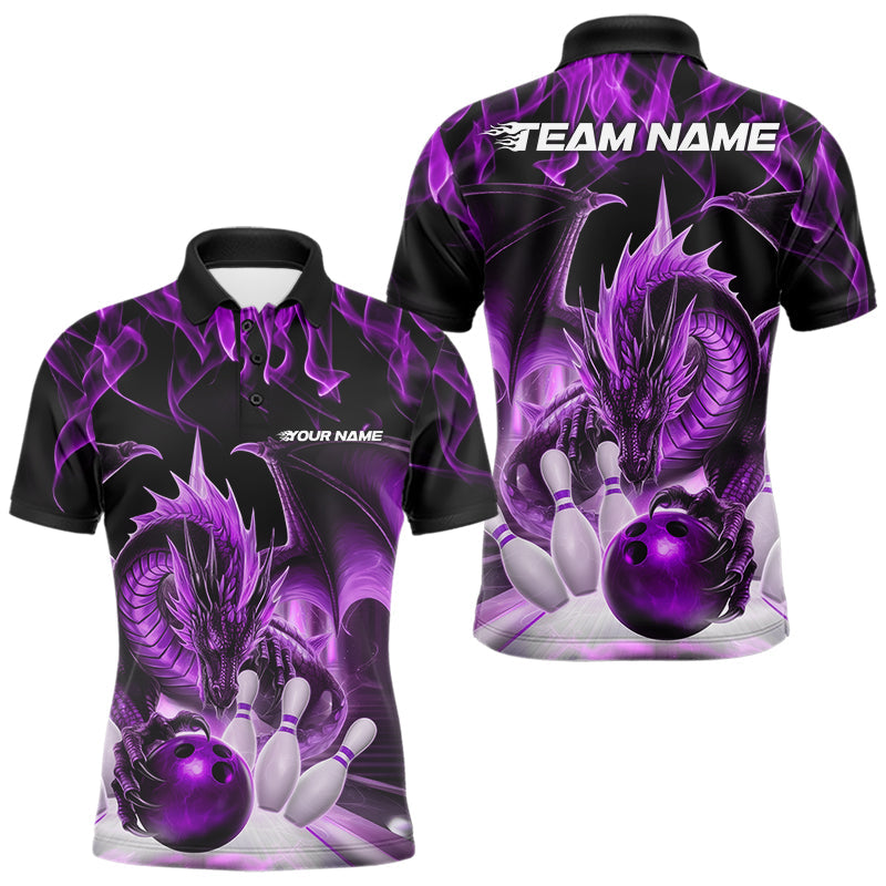 Custom Purple Flame Dragon Bowling Polo Shirts For Men, Dragon Bowling Team Jerseys IPHW8961